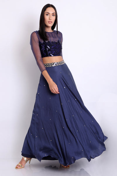 Navy Blue Embroidered Crop Top With Skirt & Belt