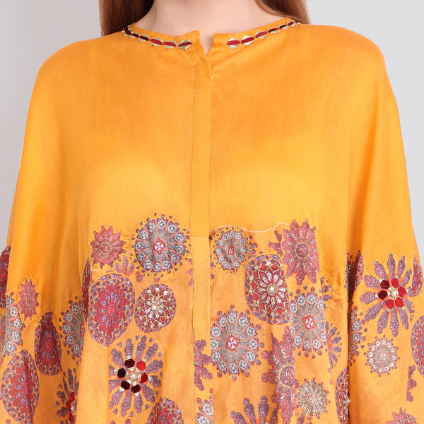 Mustard Printed High Low Cape with Dhoti Pants