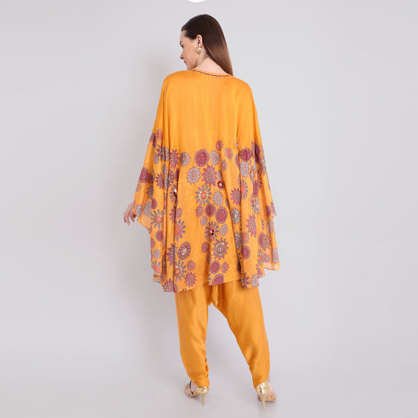 Mustard Printed High Low Cape with Dhoti Pants