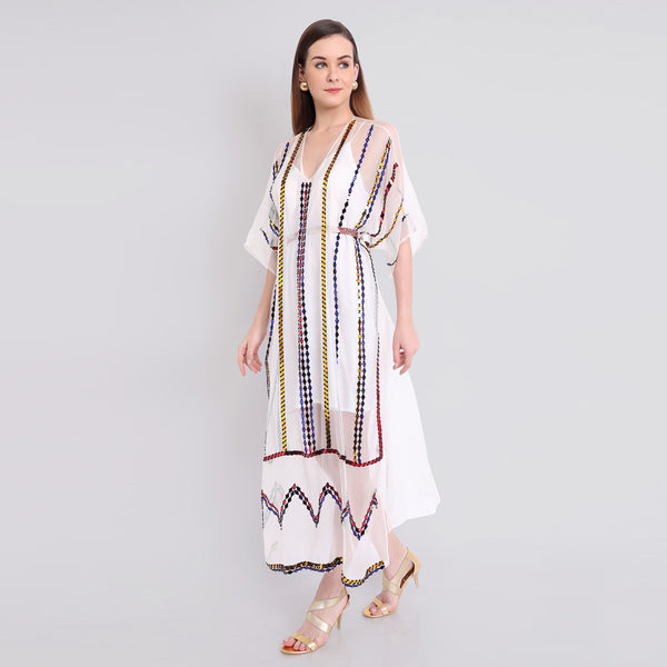 Grey Embroidered Kaftan With Printed Belt