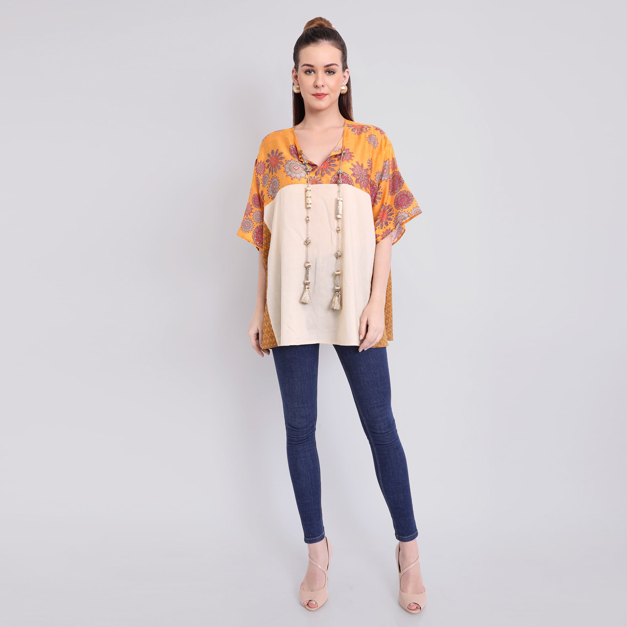 Godet top with mixed prints