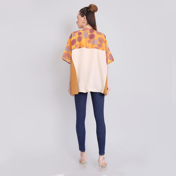 Godet top with mixed prints