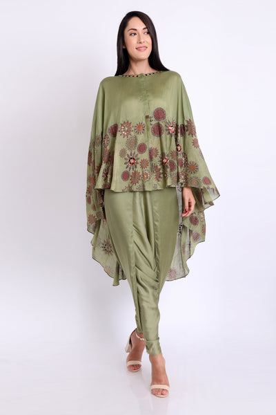 Sage Green Printed High Low Cape with Dhoti Pants