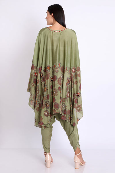 Sage Green Printed High Low Cape with Dhoti Pants