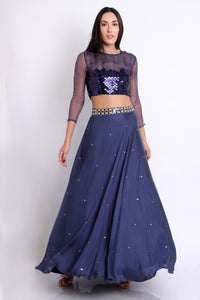Navy Blue Embroidered Crop Top With Skirt & Belt